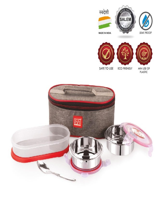 PPI Homeware علبة غداء/علبة طعام أنيقة من الفولاذ المقاوم للصدأ من PPI Homeware (250 مل + 250 مل + علبة خبز شاباتي من البولي بروبيلين 500 مل) مع حقيبة غداء مانعة للتسرب - Image 2