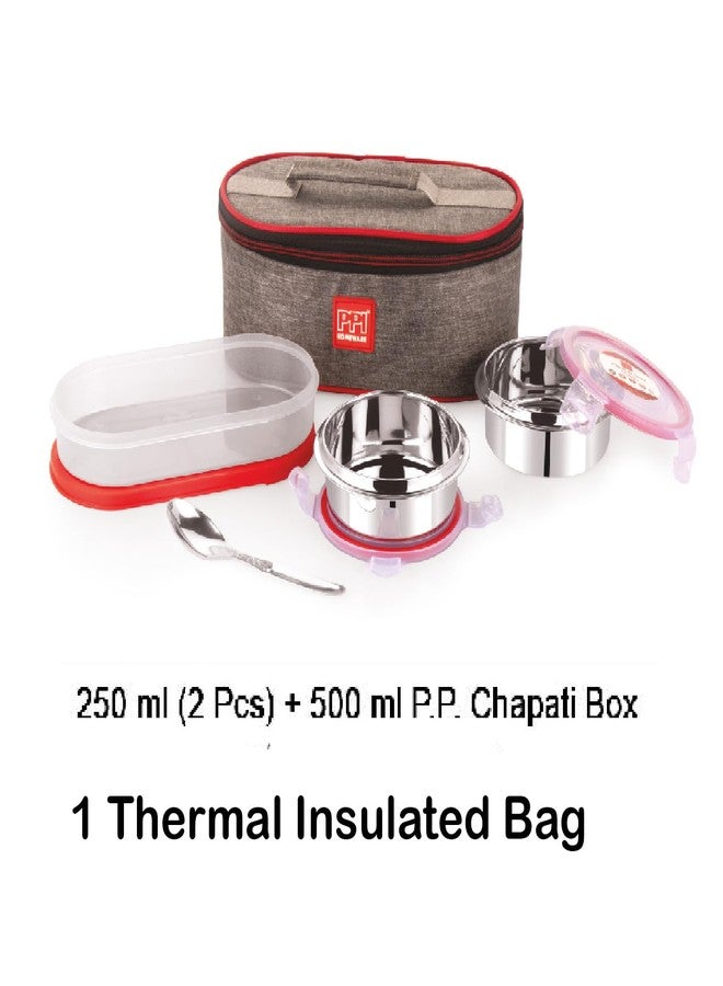 PPI Homeware علبة غداء/علبة طعام أنيقة من الفولاذ المقاوم للصدأ من PPI Homeware (250 مل + 250 مل + علبة خبز شاباتي من البولي بروبيلين 500 مل) مع حقيبة غداء مانعة للتسرب - Image 3