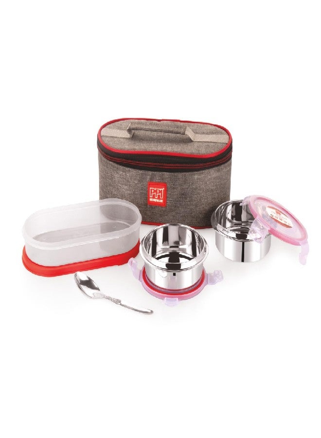 PPI Homeware علبة غداء/علبة طعام أنيقة من الفولاذ المقاوم للصدأ من PPI Homeware (250 مل + 250 مل + علبة خبز شاباتي من البولي بروبيلين 500 مل) مع حقيبة غداء مانعة للتسرب - Image 4