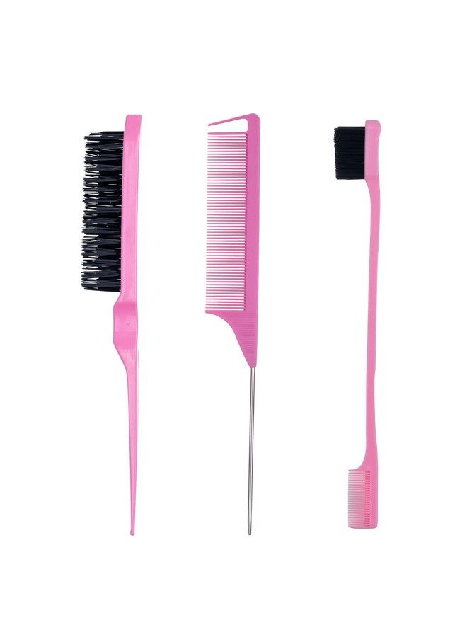 Goiple 3 Pieces Hair Styling Comb Set Teasing Hair Brush Rat Tail Comb Edge Brush For Edge&Back Brushing Combing Slicking Hair For Women (Pink) - Image 2