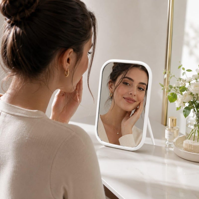 Tabletop Makeup Mirror with Stand, Foldable Rectangular Cosmetic Mirror for Vanity and Dorm Rooms (White) - Image 2