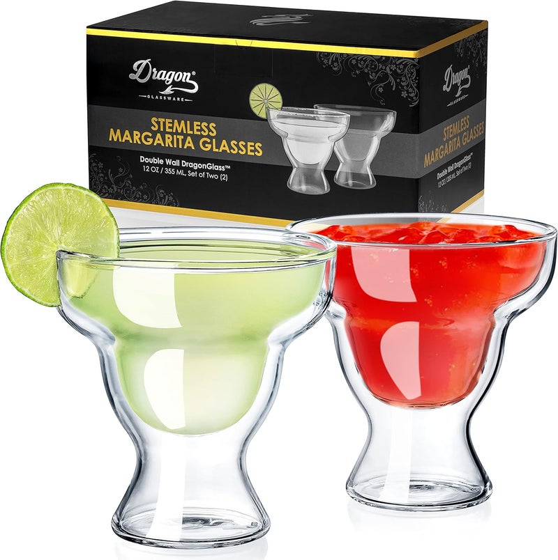 Dragon Glassware أكواب مارغاريتا من - مجموعة من 2 كوب بسعة 12 أونصة، ذات جدار مزدوج وبدون قاعدة، معزولة للحفاظ على سخونة أو برودة المشروبات لفترة أطول - Image 1