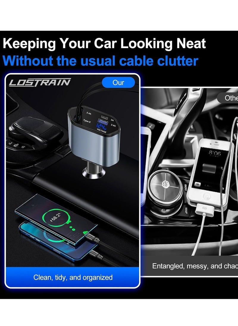 ELTRAZONE Retractable Car Charger – 4-in-1 Fast Car Phone Charger (2 Retractable Cables + 2 USB Ports) Type-C Adapter for iPhone, Samsung, Google, iPad & More - Image 4