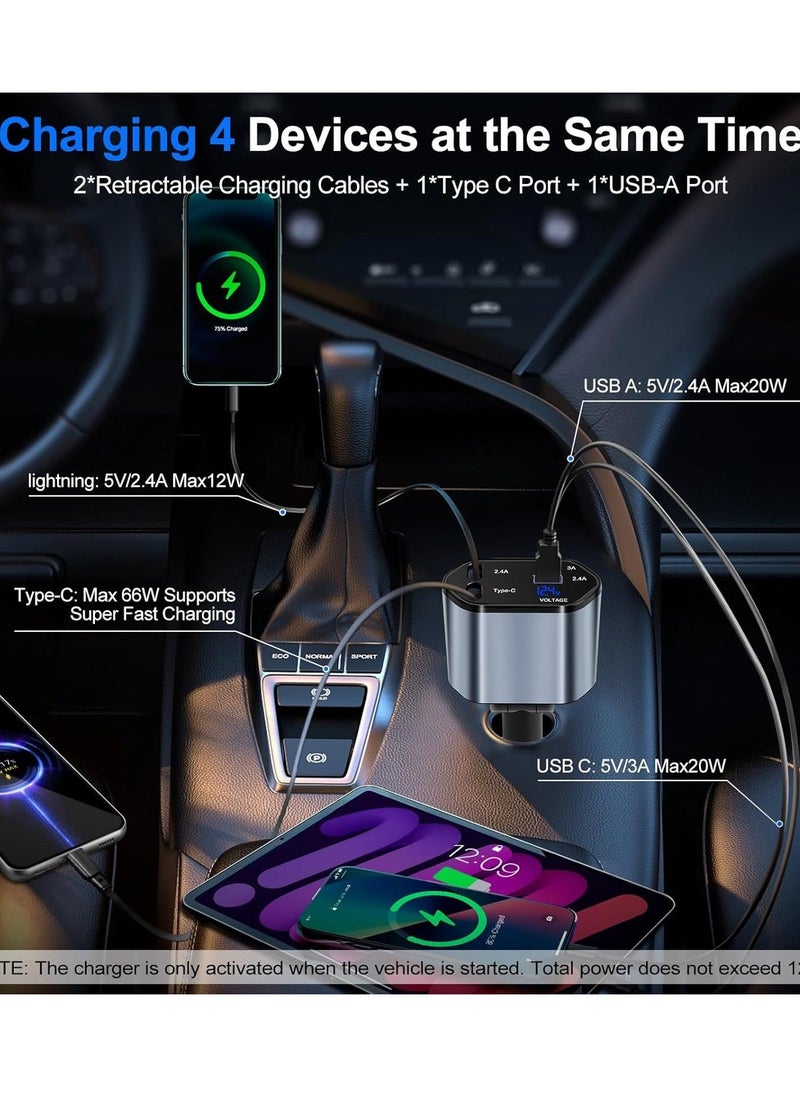 ELTRAZONE Retractable Car Charger – 4-in-1 Fast Car Phone Charger (2 Retractable Cables + 2 USB Ports) Type-C Adapter for iPhone, Samsung, Google, iPad & More - Image 5