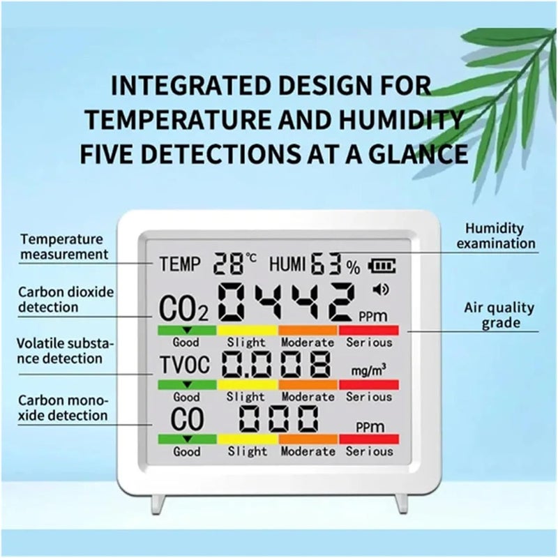 5 In 1 Air Quality Monitor Portable With Real Time Temperature And Humidity Display And TVOC Detector For Home School Office And Car Interiors White Holiday Gift - Image 3