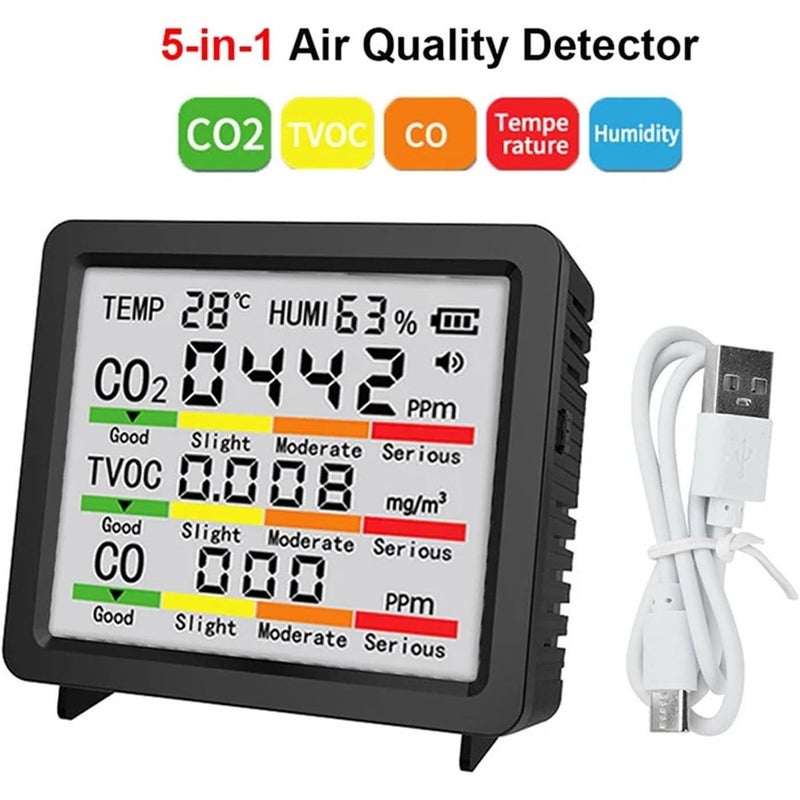 5 In 1 Air Quality Monitor Portable With Real Time Temperature And Humidity Display And TVOC Detector For Home School Office And Car Interiors White Holiday Gift - Image 2