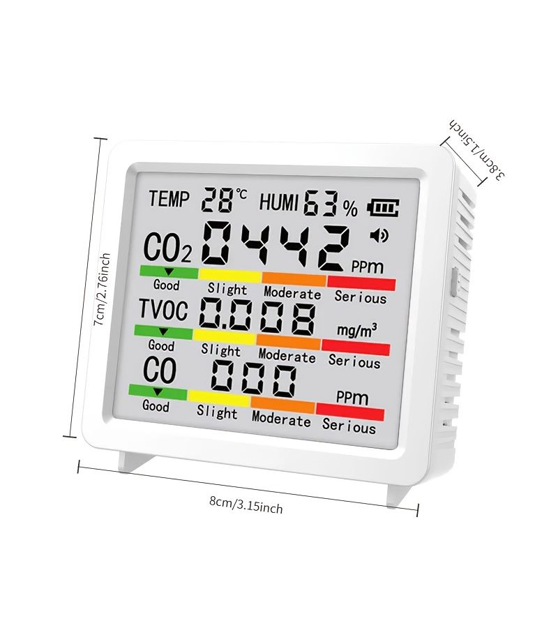 5 In 1 Air Quality Monitor Portable With Real Time Temperature And Humidity Display And TVOC Detector For Home School Office And Car Interiors White Holiday Gift - Image 5