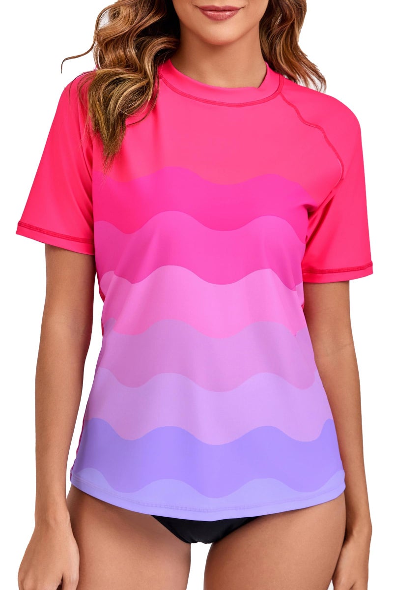Halcurt Women's Short Sleeve Swim Shirt Rash Guard Swimsuit Top Only UPF50+ Sun Protection Bathing Suit Ombre Pink Light Purple L - Image 1
