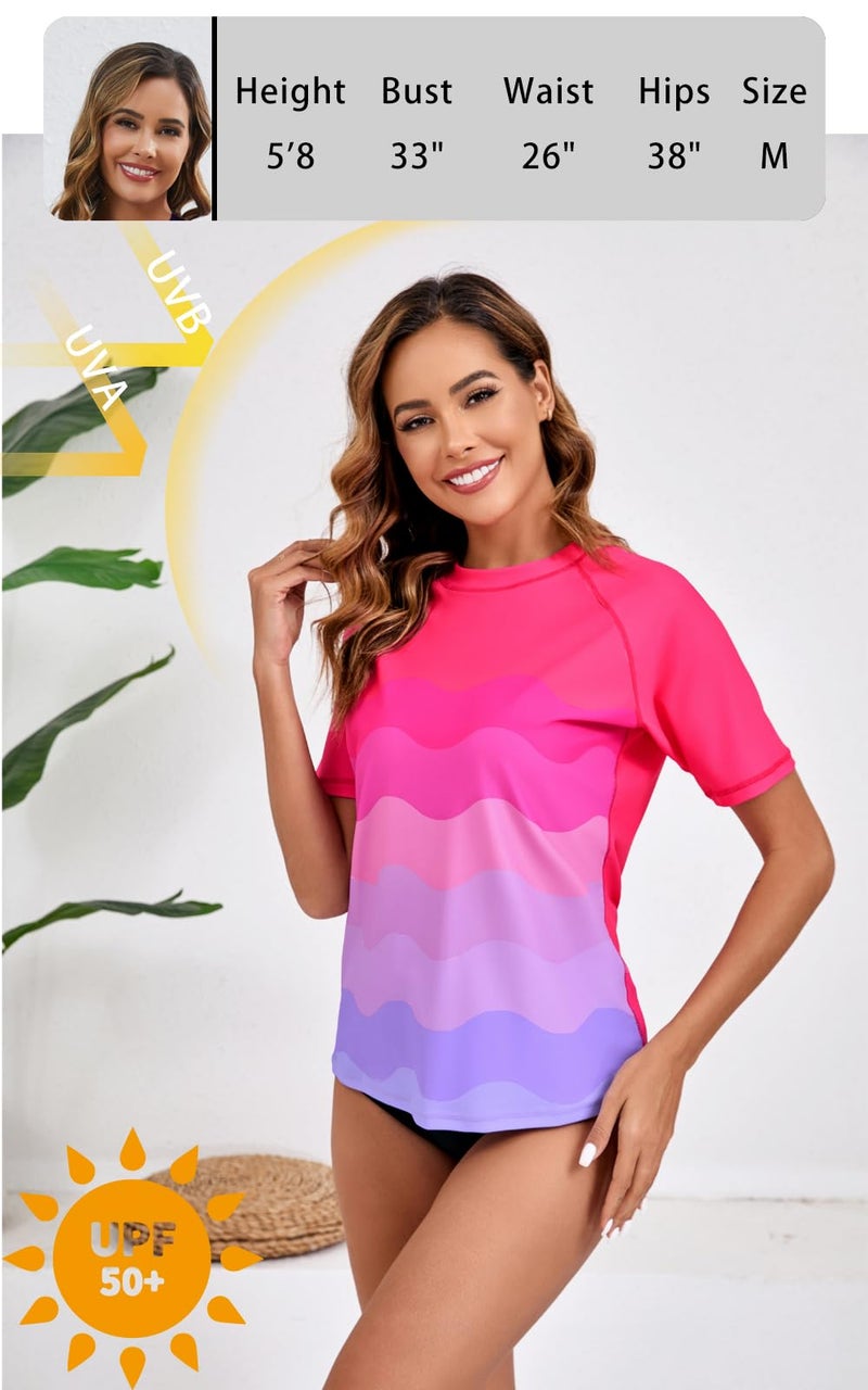 Halcurt Women's Short Sleeve Swim Shirt Rash Guard Swimsuit Top Only UPF50+ Sun Protection Bathing Suit Ombre Pink Light Purple L - Image 3