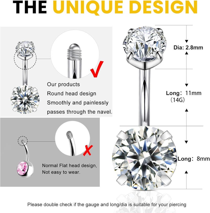 WSSXC 14G Hypoallergenic Surgical Steel Belly Button Ring Cubic Zirconia Belly Button Barbs Body Piercing Set 7Pcs - Image 2