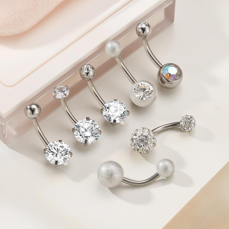 WSSXC 14G Hypoallergenic Surgical Steel Belly Button Ring Cubic Zirconia Belly Button Barbs Body Piercing Set 7Pcs - Image 5