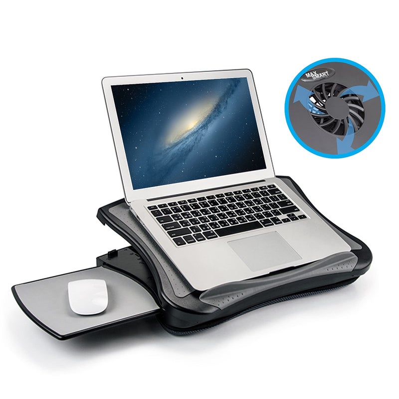 MAX SMART Laptop Lap Pad Laptop Stand with Attached Mouse Pad, Cushion and USB Cooling Fan, Non-Slip Heat Shield Tablet Computer Stand for Sturdy Work Station for Home, Office, Bed Sofa, Couch and Car - Image 1