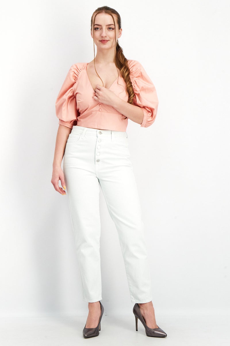 Bardot Women V-Neck Short Sleeve Solid Crop Top, Pink - Image 3