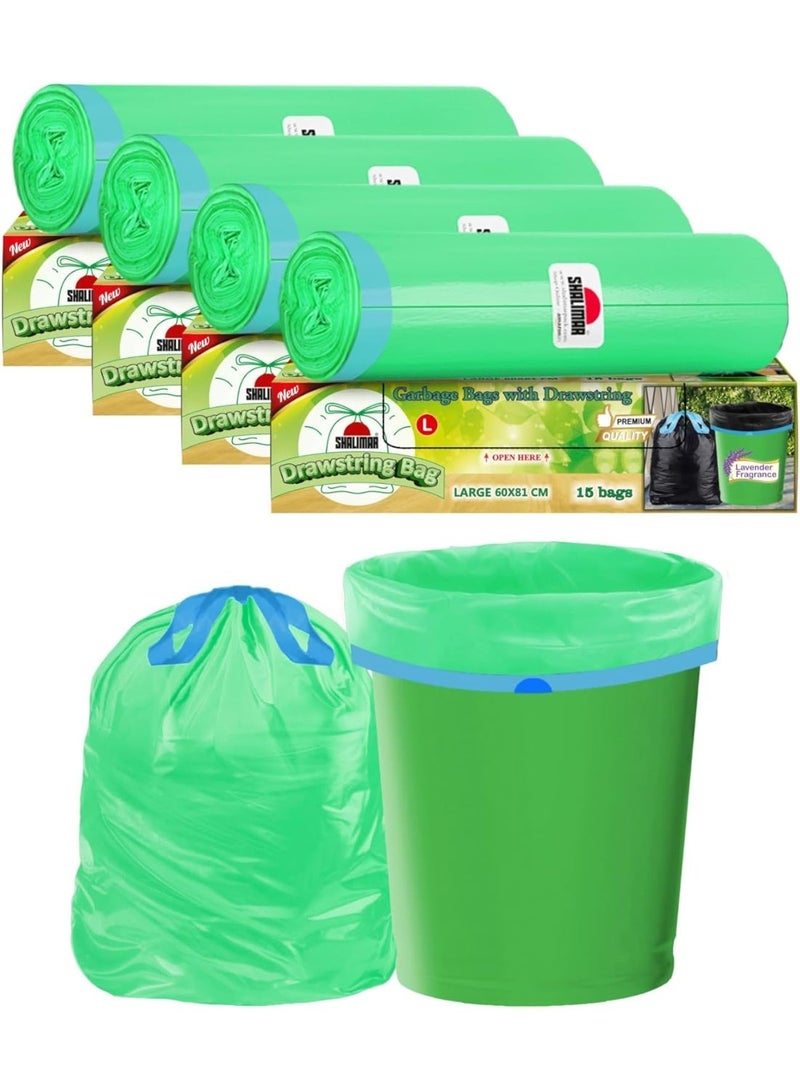 شاليمار أكياس قمامة شاليمار بريميوم OXO قابلة للتحلل – بسحب الحبل، تحتوي على 60 كيس مع رائحة اللافندر، مضادة للتسرب، لأغراض سلة القمامة/النفايات، بحجم 152 × 206 سم، تناسب صناديق 10 إلى 12 جالون، باللون الأخضر - Image 1