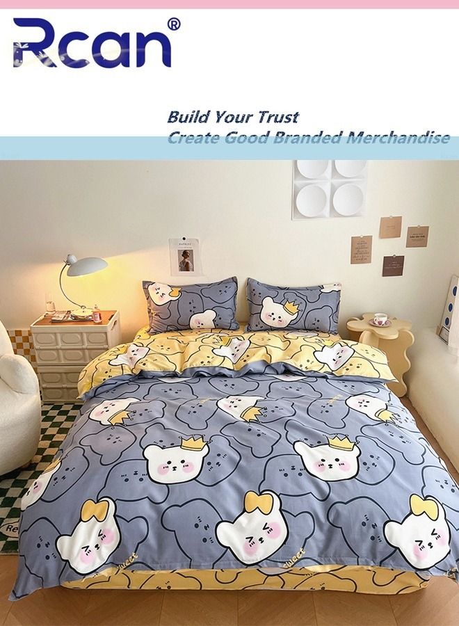 Rcan 3 Piece Set Cartoon College Style Print Design Kids Bedding Quilt Cover Sheet Pillowcase Set Cotton for Dormitory Single Bed Children's Bed for Boys Girls  150x200cm/ 59x78.7In - Image 1
