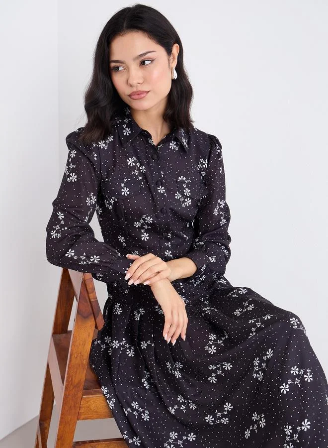 Styli Styli Black Ditsy Print Shirt Midi Dress