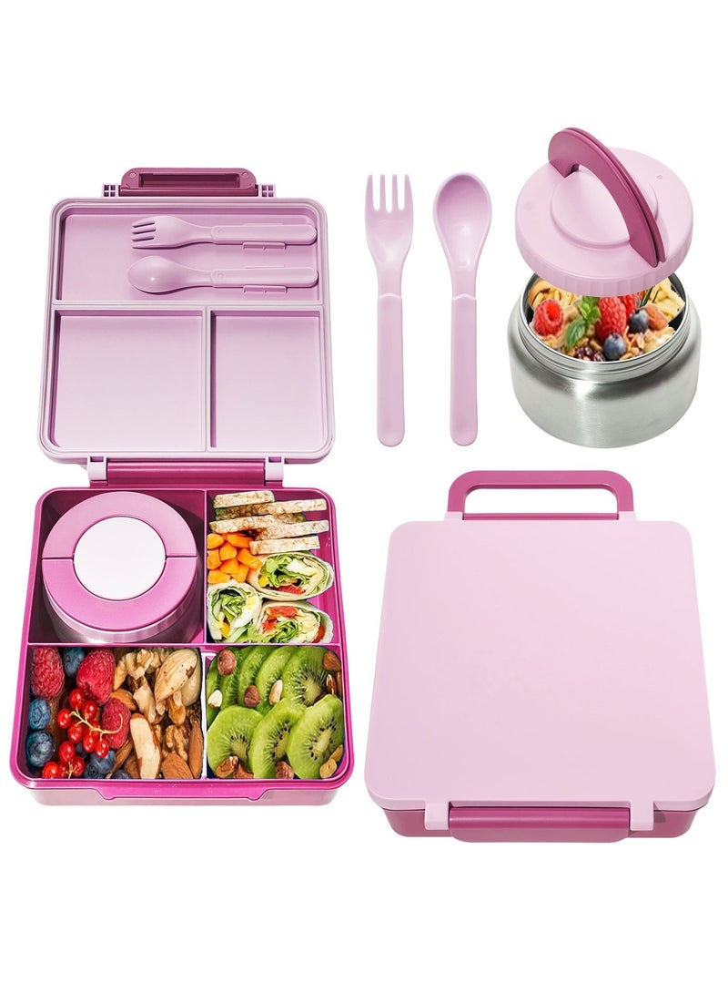 Bento Lunch Box with 8oz Soup Thermo, Kids Leakproof Lunch Food Containers with 4 Compartment, Kids Thermo Insulated Hot Food Jar for School, Travel - (Pink) - Image 1