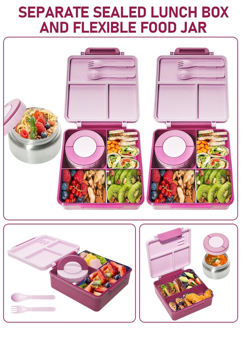Bento Lunch Box with 8oz Soup Thermo, Kids Leakproof Lunch Food Containers with 4 Compartment, Kids Thermo Insulated Hot Food Jar for School, Travel - (Pink) - Image 3