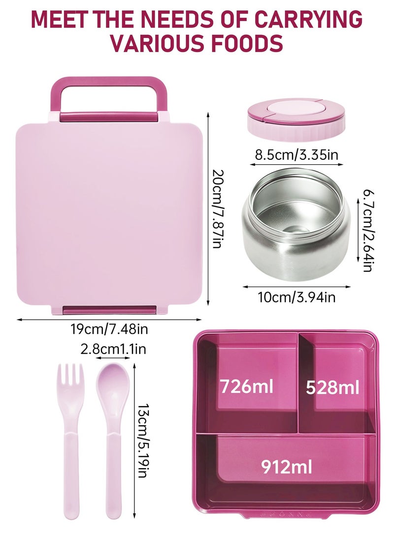 Bento Lunch Box with 8oz Soup Thermo, Kids Leakproof Lunch Food Containers with 4 Compartment, Kids Thermo Insulated Hot Food Jar for School, Travel - (Pink) - Image 4