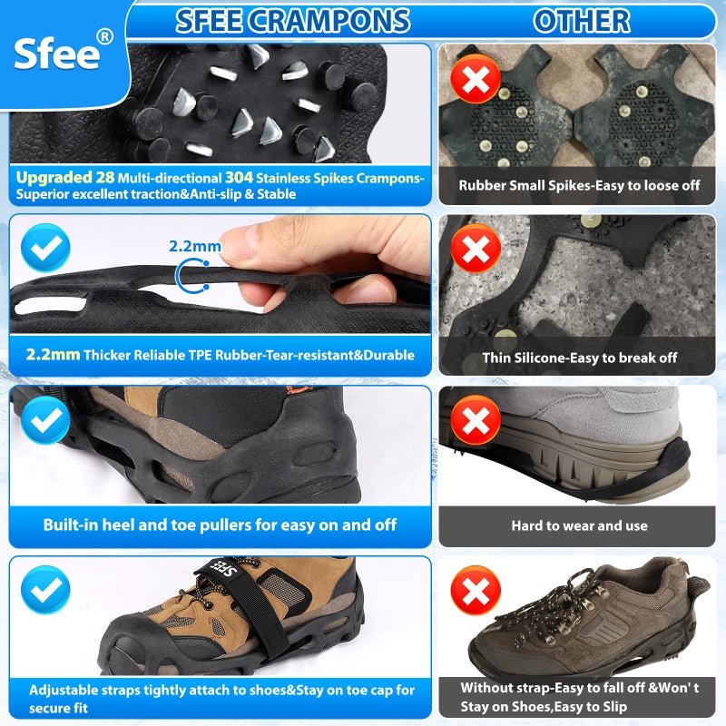 Sfee Crampons Ice Cleats for Shoes and Boots, 28 Snow Shoe Spikes Ultra-Grip Ice Cleats for Men & Women Non-Slip Snow Traction Ice Grippers for Shoes and Boots for Walking, Hiking, Climbing & Fishing - Image 5