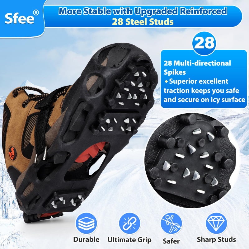 Sfee Crampons Ice Cleats for Shoes and Boots, 28 Snow Shoe Spikes Ultra-Grip Ice Cleats for Men & Women Non-Slip Snow Traction Ice Grippers for Shoes and Boots for Walking, Hiking, Climbing & Fishing - Image 2