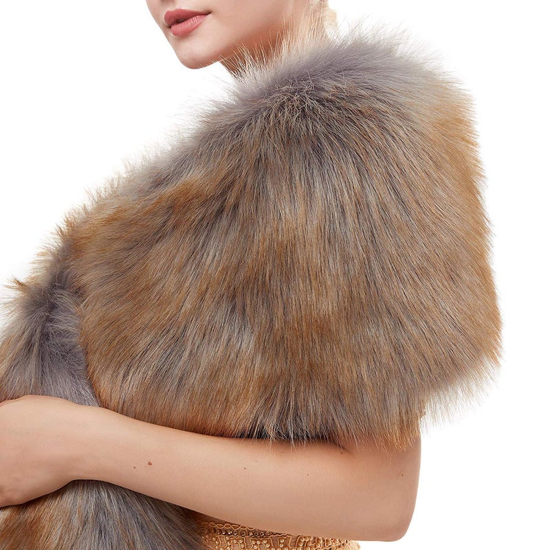 Kumeng Women's Winter Warm Navy Faux Fur Shawl Coat Jacket Parka Outerwear Tops (Silver gray with Gold, Medium) - Image 5