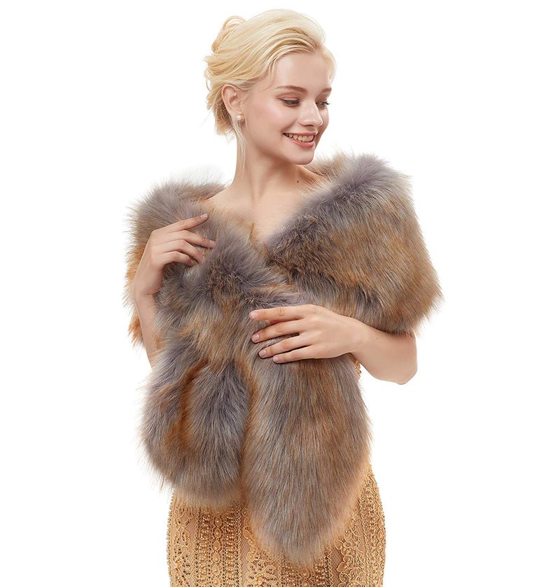 Kumeng Women's Winter Warm Navy Faux Fur Shawl Coat Jacket Parka Outerwear Tops (Silver gray with Gold, Medium) - Image 2