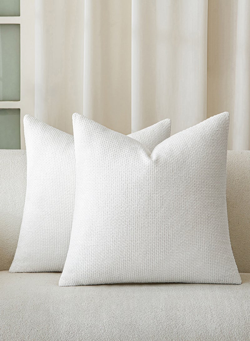 لحظة غطاء وسادة شنيلي باللون الأبيض لحظة 45x45 سم عبوة من 2 غطاء وسادة زخرفي حديث من الطراز الريفي على شكل صليب. - Image 1