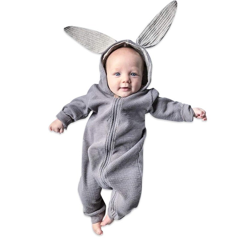 Simplee kids Animal Bunny Baby Easter Clothes Long Ear Rabbit Hoodie Romper with Zipper Grey 3-6 Months - Image 1