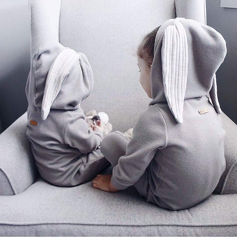 Simplee kids Animal Bunny Baby Easter Clothes Long Ear Rabbit Hoodie Romper with Zipper Grey 3-6 Months - Image 2