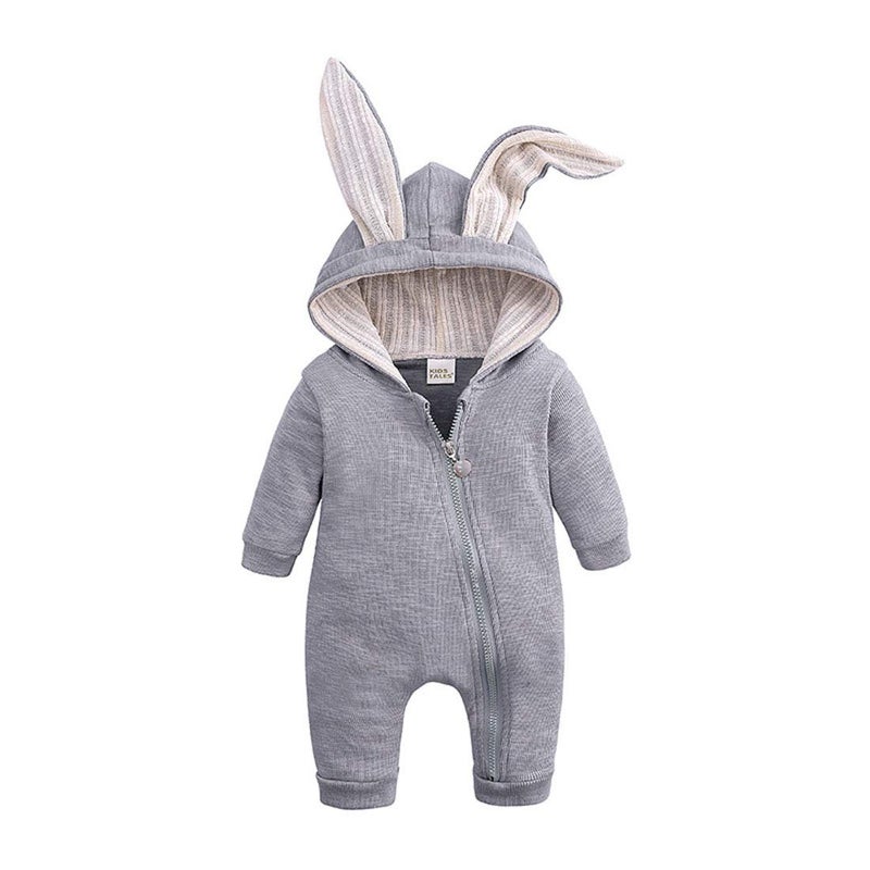 Simplee kids Animal Bunny Baby Easter Clothes Long Ear Rabbit Hoodie Romper with Zipper Grey 3-6 Months - Image 5
