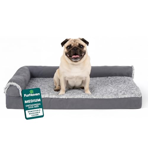 FurHaven Orthopedic Dog Bed for Medium Dogs LShaped Chaise Mattress with Orthopedic Egg Crate a Solid Orthopedic Foam Base for Joint Support Washable Cover Medium Faux Fur Suede Stone Gray - Image 1