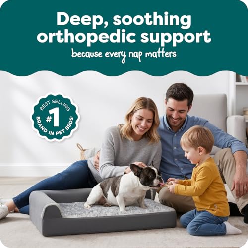 FurHaven Orthopedic Dog Bed for Medium Dogs LShaped Chaise Mattress with Orthopedic Egg Crate a Solid Orthopedic Foam Base for Joint Support Washable Cover Medium Faux Fur Suede Stone Gray - Image 3
