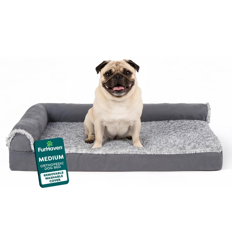 FurHaven Orthopedic Dog Bed for Medium Dogs LShaped Chaise Mattress with Orthopedic Egg Crate a Solid Orthopedic Foam Base for Joint Support Washable Cover Medium Faux Fur Suede Stone Gray - Image 2