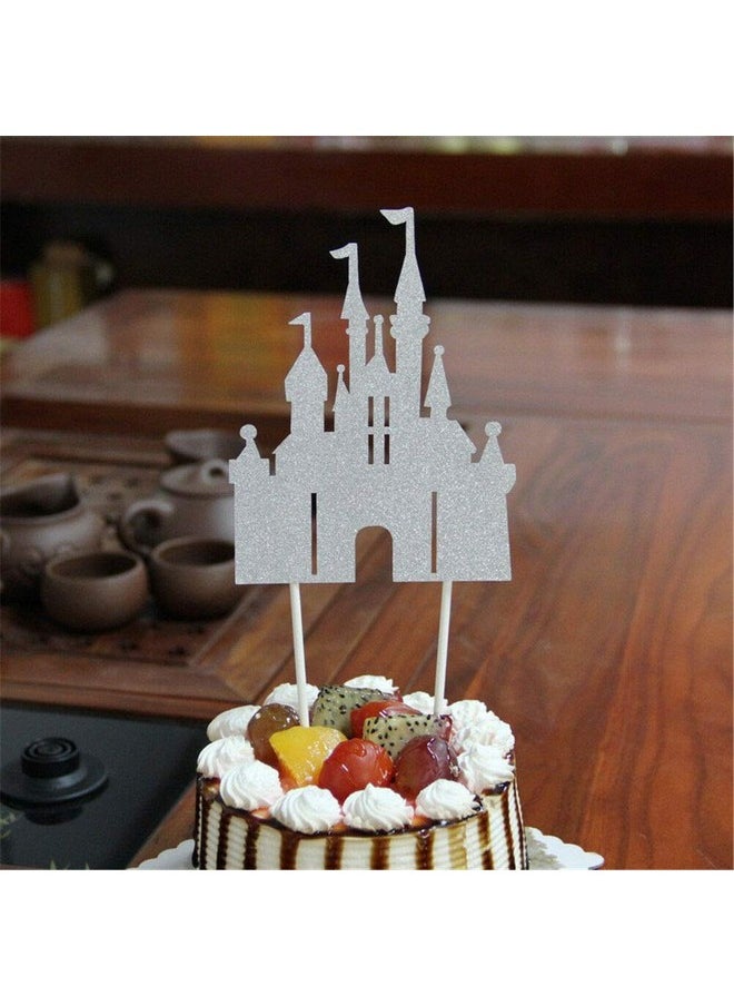 Flairs New York - Happy Birthday Decorations Cake Toppers Party Props (Pack Of 1 Cake Topper Silver Glitter Princess Castle) - Image 1