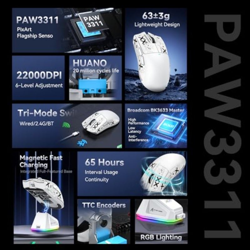 ماوس الألعاب أتاك شارك X11 مع قاعدة شحن مغناطيسية، حساس الألعاب PixArt PAW3311، اتصال بلوتوث 2.4 جيجاهرتز، سلكي ولاسلكي، شريط قبضة للماوس، دقة 22000 نقطة في البوصة، فأرة للألعاب ويندوز 11، إكس بوكس، بلايستيشن، وماك، اللون الأبيض - Image 3