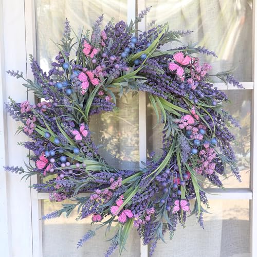 DFRREN Lavender Wreaths for Front Door 24 Inch Spring Summer Wreath with Lavender,Berries, Butterflies,for Year-Round Use Indoors and Outdoors as Wall, Door, Window, Party and Wedding Decorations - Image 4