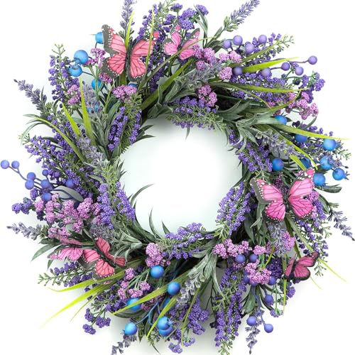 DFRREN Lavender Wreaths for Front Door 24 Inch Spring Summer Wreath with Lavender,Berries, Butterflies,for Year-Round Use Indoors and Outdoors as Wall, Door, Window, Party and Wedding Decorations - Image 1