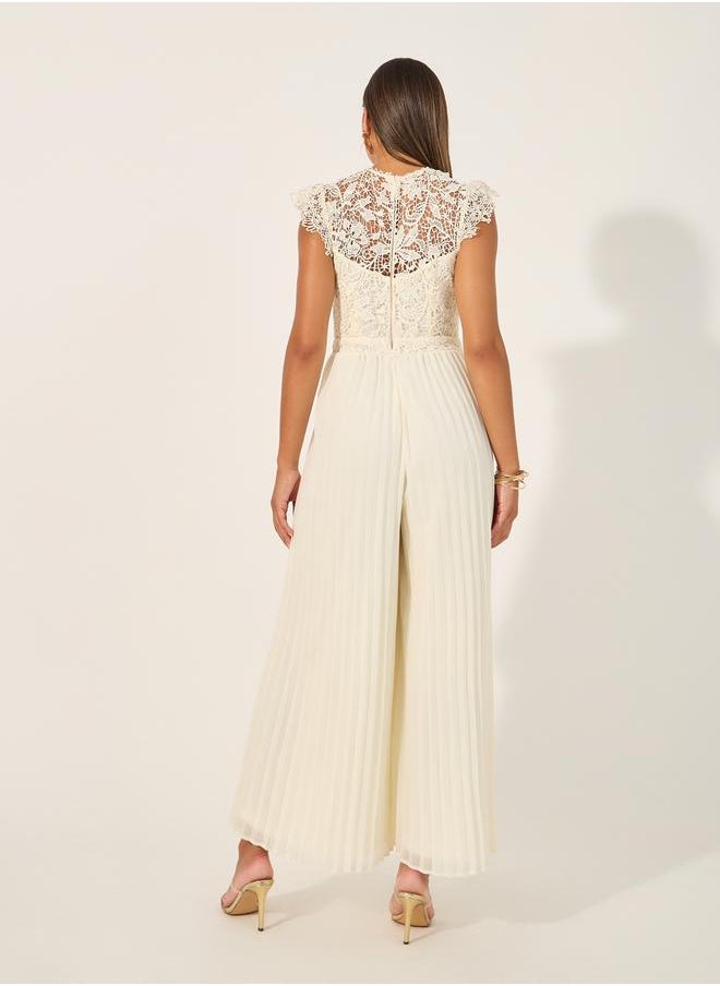 Styli Lace Insert Frill Detail Pleated Wide Leg Jumpsuit  - Image 4