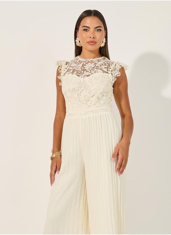 Styli Lace Insert Frill Detail Pleated Wide Leg Jumpsuit  - Image 2