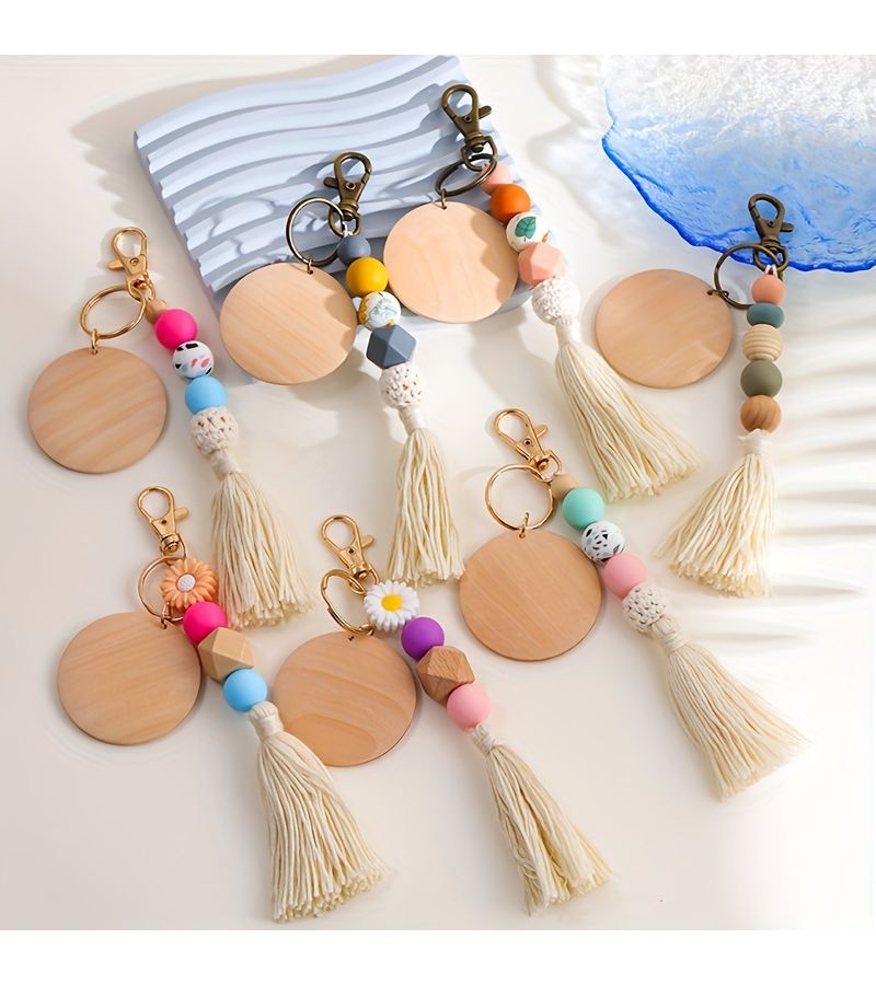 1pc Rose Red Silicone Beads Tassel Wood Chip Creative Keychain Backpack Pendant Bag Charm Birthday Gift Party Favor - Image 1