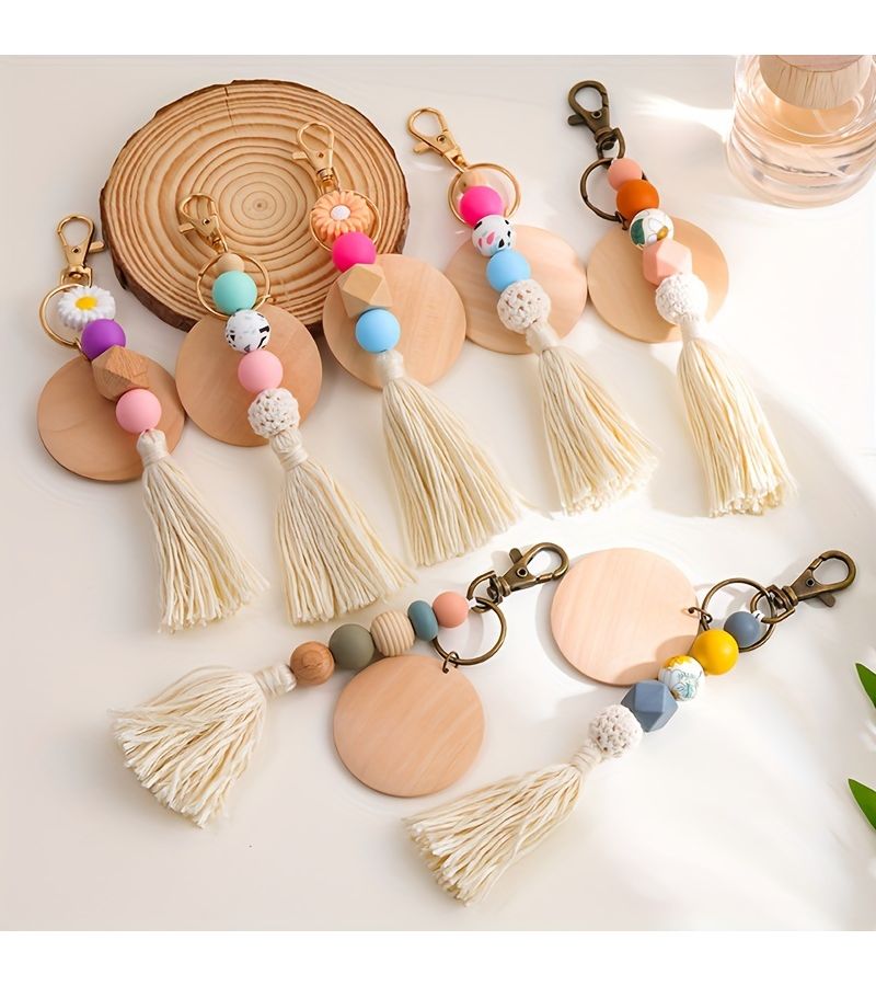 1pc Rose Red Silicone Beads Tassel Wood Chip Creative Keychain Backpack Pendant Bag Charm Birthday Gift Party Favor - Image 4
