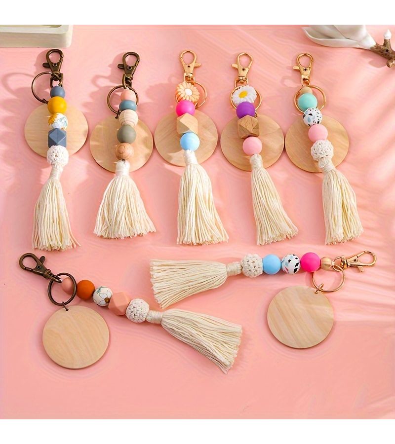 1pc Rose Red Silicone Beads Tassel Wood Chip Creative Keychain Backpack Pendant Bag Charm Birthday Gift Party Favor - Image 2