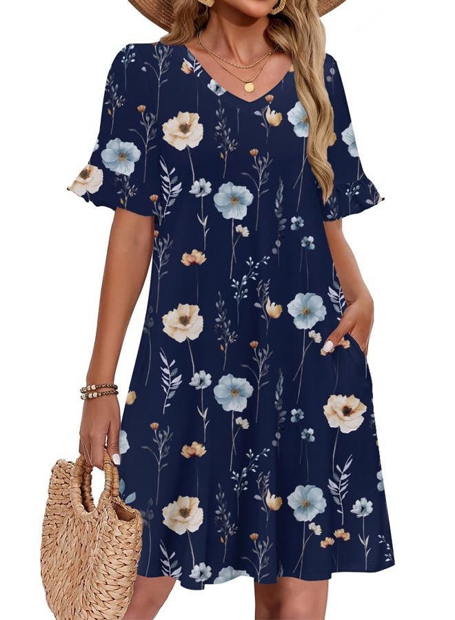 zeagoo Summer Casual Dresses for Women A Line Sun Dress Ruffle Short Sleeve V Neck Floral Tshirt Dress with Pockets, Dark Blue Floral, S - Image 2