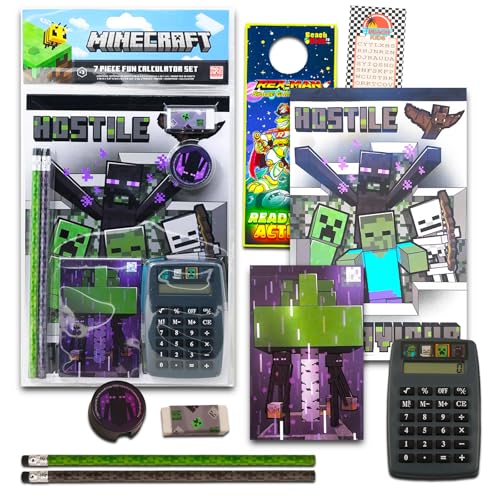 MINECRAFT طقم مستلزمات المدرسة من ماينكرافت للأطفال، الأولاد، البنات - حزمة 7 قطع مع دفتر ملاحظات ماينكرافت، آلة حاسبة، أقلام رصاص والمزيد بالإضافة إلى علامة مرجعية | مستلزمات العودة إلى المدرسة من ماينكرافت - Image 1