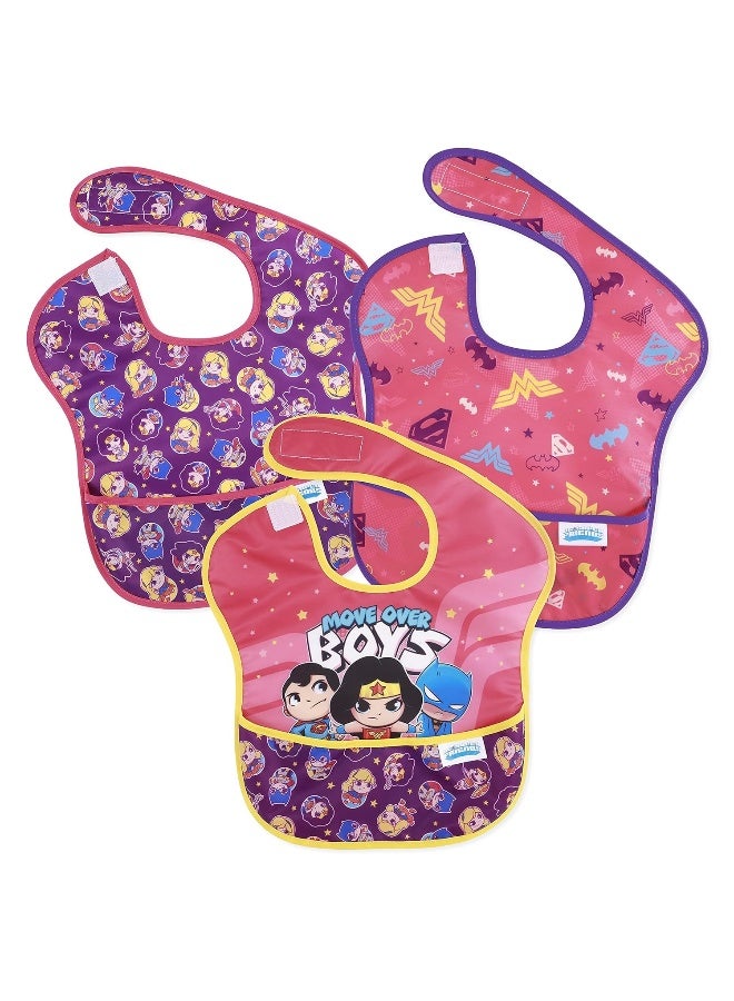 Bumkins Bibs for Girl or Boy, SuperBib Baby and Toddler 6-24 Months, Essential Must Have for Eating, Feeding, Baby Led Weaning Supplies, Mess Saving Catch Food, Fabric, 3-pk DC Comics Move Over Boys - Image 1