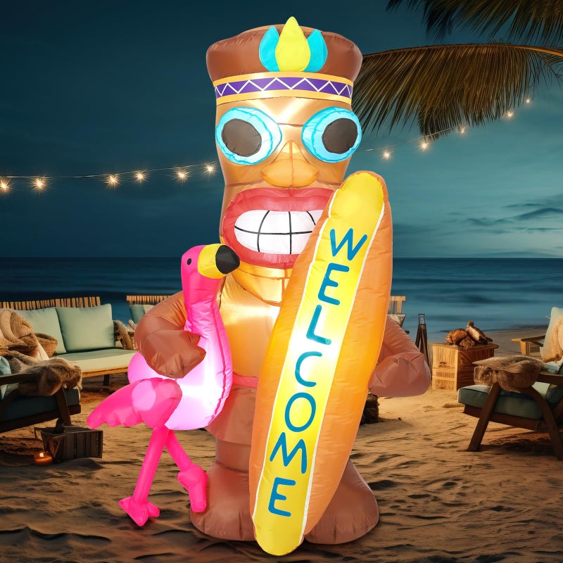 Shappy 5 ft Inflatable Tiki Flamingo Surfboard Luau Hawaiian Party Decorations Summer Inflatables Outdoor LED Lighted Tiki Blow up Beach Tropical Pool Surfing Yard Party Supplies Favors(Flamingo) - Image 2