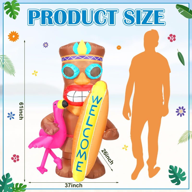 Shappy 5 ft Inflatable Tiki Flamingo Surfboard Luau Hawaiian Party Decorations Summer Inflatables Outdoor LED Lighted Tiki Blow up Beach Tropical Pool Surfing Yard Party Supplies Favors(Flamingo) - Image 3
