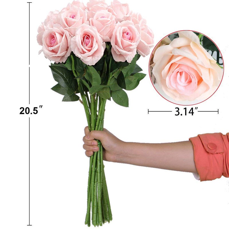 Bringsine 10Pcs Blush Foam Fake Roses with Stems for DIY Wedding Bouquets Bridal Shower Centerpieces Party Decorations-Pink