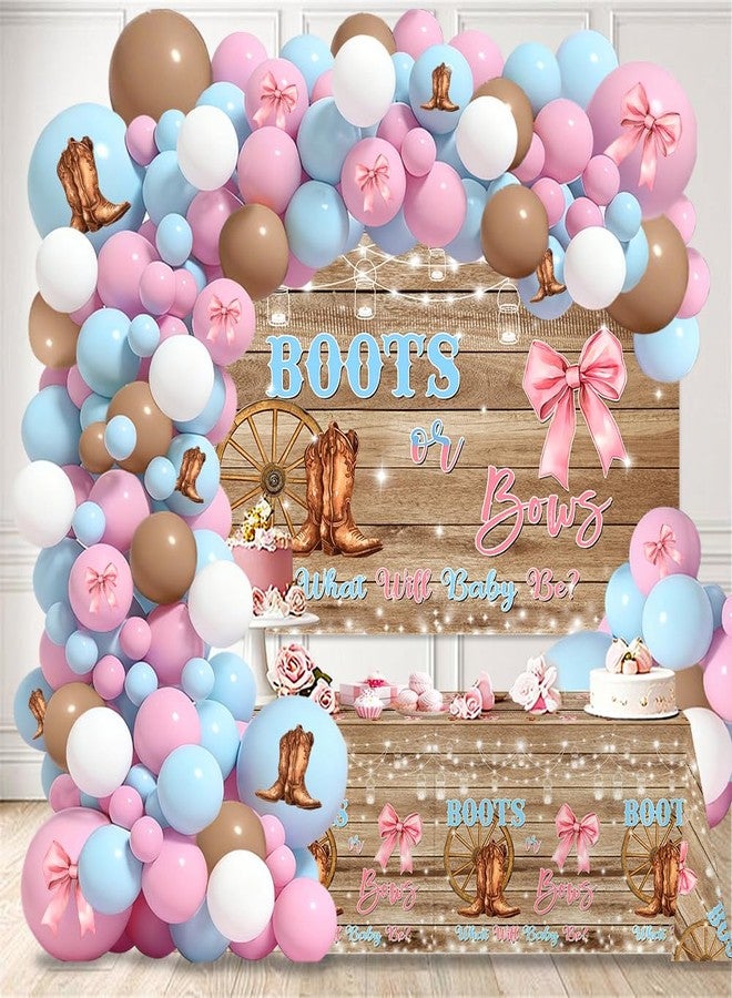 ميهوفوند زينة الكشف عن جنس المولود من MEHOFOND على شكل أحذية أو فيونكات، 116 قطعة من مجموعة أقواس البالونات باللون الوردي أو الأزرق، مفرش طاولة بخلفية خشبية ريفية لحفل الكشف عن جنس المولود على طريقة رعاة البقر الغربية - Image 1
